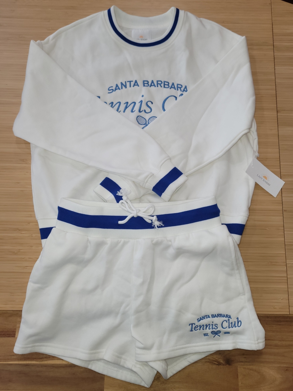 Lazy Sunday White And Blue Trim Sweatshirt And Short Set Size M